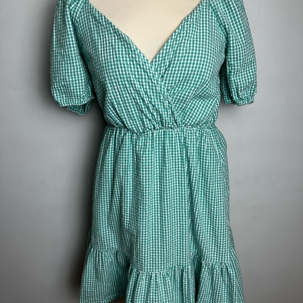 Draper James RSVP Gingham Dress Puff Sleeve Midi V-Neck 100% Cotton Green
